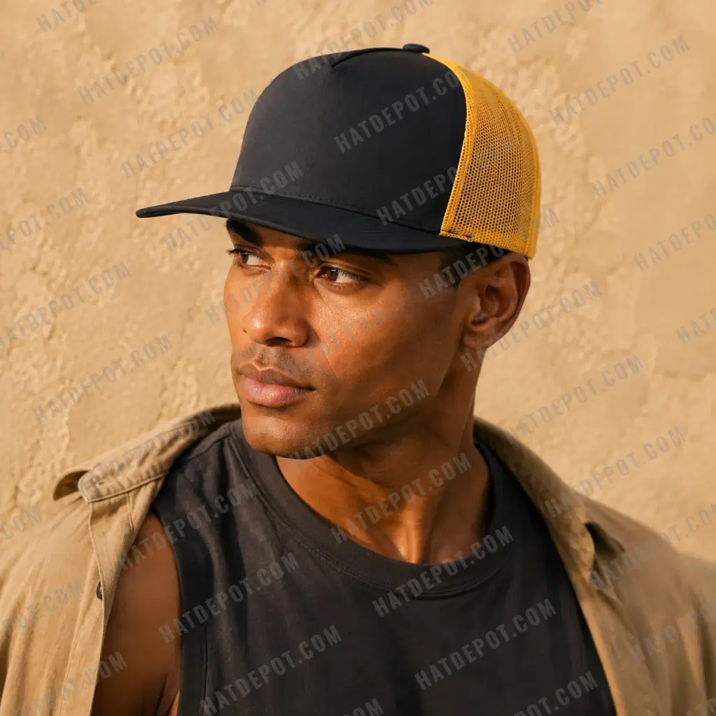 Black and gold flat-brim trucker worn in three-quarter profile, showing the gold mesh