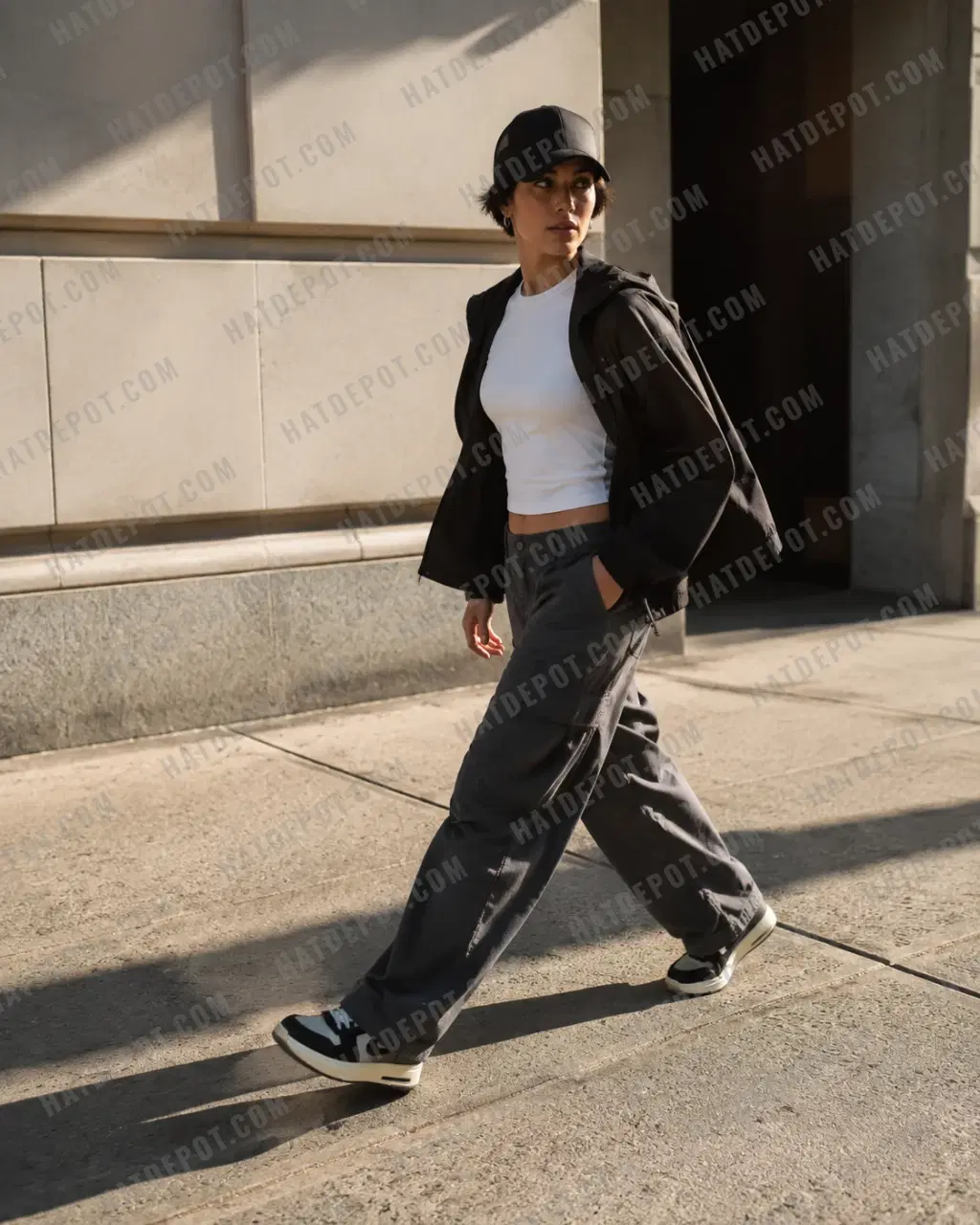 Model walking through the city in the black Curved Brim Trucker Snapback, with afternoon light across the curved visor and mesh.