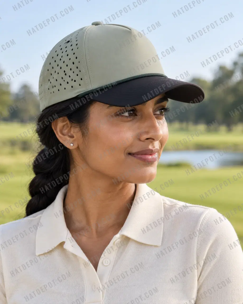 Daylight three-quarter profile of a model wearing the Sage / Black Curved-Brim Rope Snapback, showing its seamless front, curved black visor, dark braid and sage laser vents.