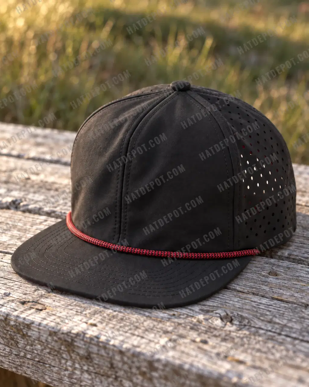 Black / Red Flat-Brim Rope Snapback on a weathered course bench, with side light revealing its red-and-black braid, soft front seam, flat brim and laser-perforated fabric.